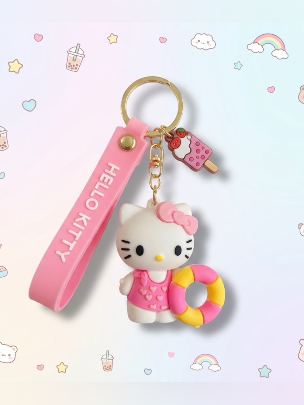 NWT Hello Kitty Keychain Kawaii | Pink Yellow and White Bagclip w/ Lolipop Charm
